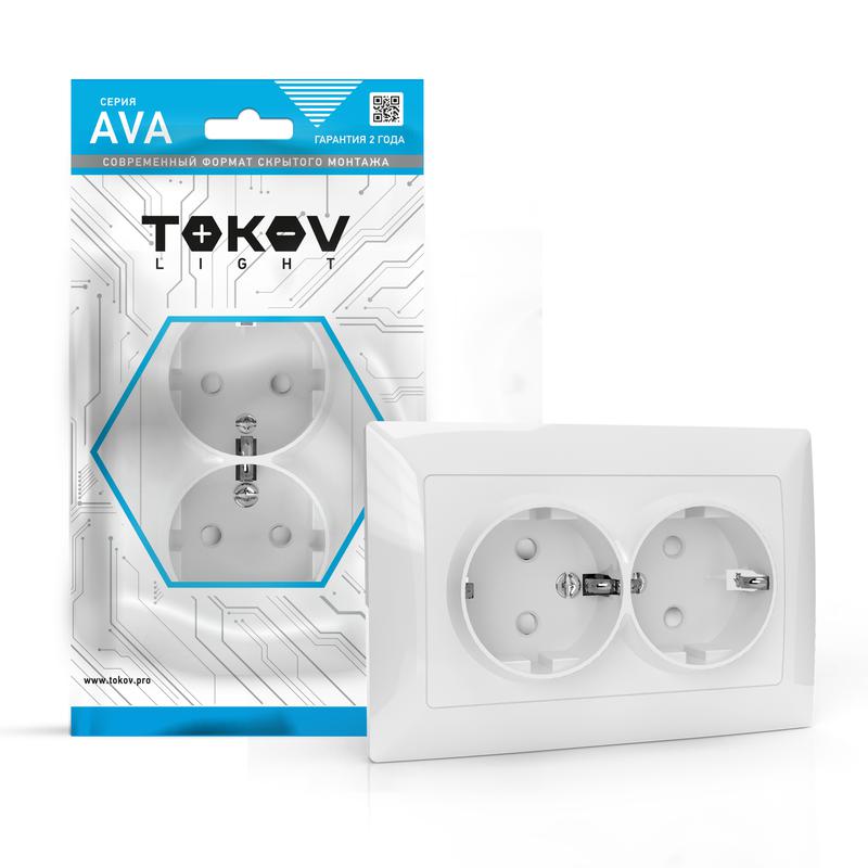 Розетка 2-м СП AVA 16A IP20 с/з защ.шторки белый TOKOV LIGHT